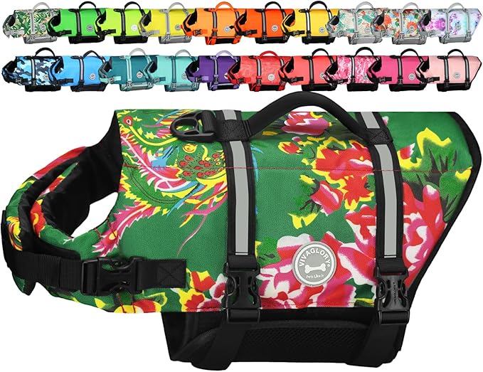 VIVAGLORY Rip Stop Dog Life Vest, Swimming Vest with Handle, Buoyancy for Doggy Puppy, Dog Life Jacket for Swimming & Boating, XS, Northeast Florals-Green