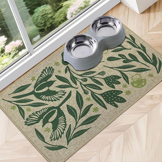 SHIYUE Dog Food Mats for Floors, Absorbent Cat Bowl for Food and Water, Non-Slip Accessories Pet Supplies(12"x20",Green Flower Bird)