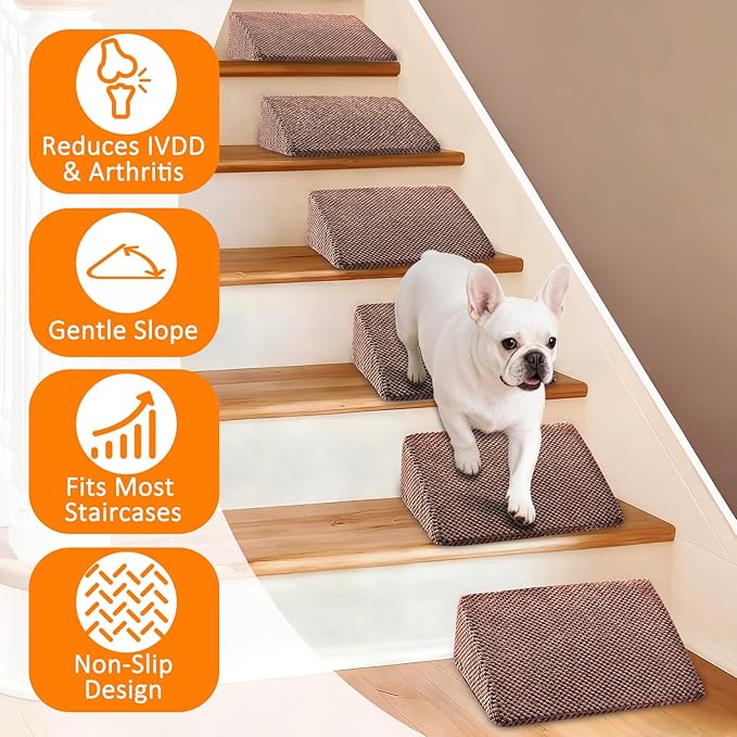 Dog Ramp for Stairs for Small & Senior Dogs and Cats – Non-Slip Stair Wedges for Dogs with Gentle Slope, Pet Ramp with Washable Cover & Self-Sticky Pads for Safe Climbing (Brown, 6 Pack)
