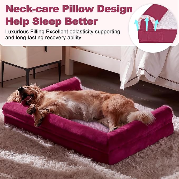Jumbo Human Dog Bed Style - Breathable Egg-Crate Foam Sofa Couch with Bolster, Water-Resistant Liner & Washable Rose Velvet - Ideal for Great Danes, Mastiffs, Rose Pink (54'' x 37'')