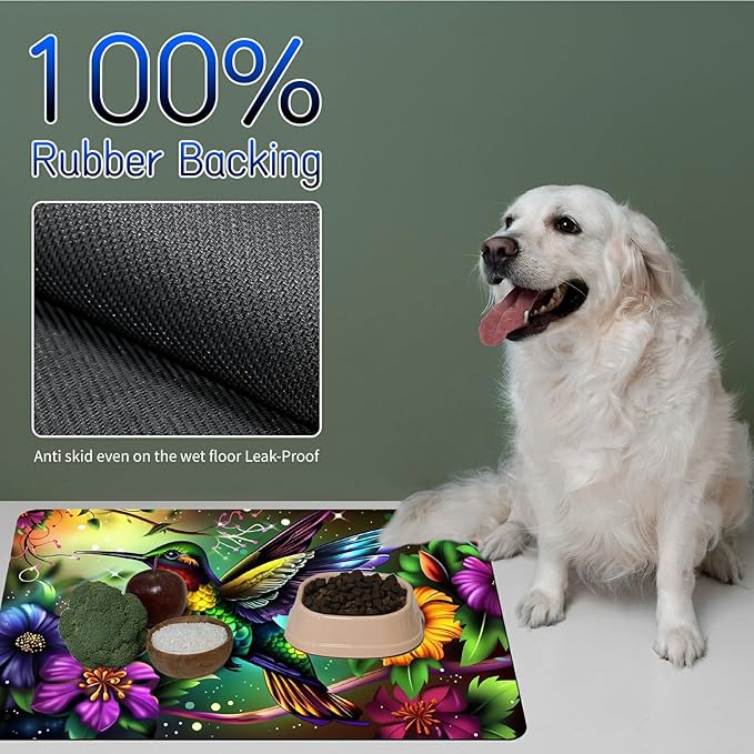 Dog Food Mat, 15.7" x 23.6" Absorbent Pet Feeding Mat for Food and Water, Waterproof Diatom Mud Pet Placemat with Non-Slip Rubber Backing, Cat Bowl Mat for Floors - Hummingbird Flower 1