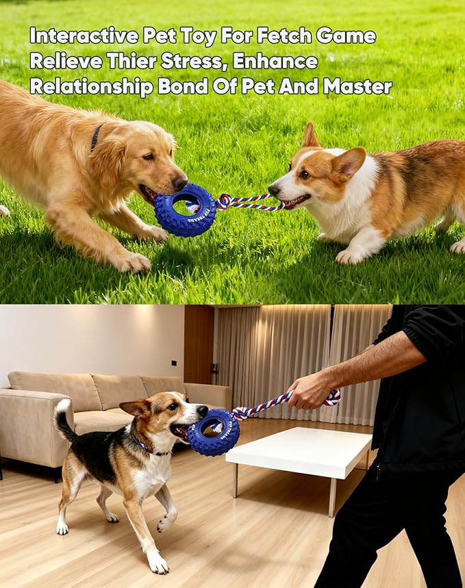Deeow Dog Tire Toy-2026 Upgraded, Treat Dispensing Chew Toy for Teething Clean & Dental Care, Natural Rubber Enrichment Dog Toys for Boredom Relieve, Interactive Tug-of-War Slow Feeder Pet Toys-Blue