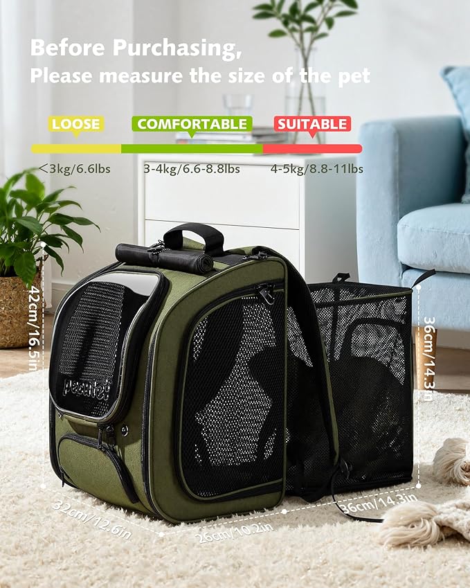 Pecute Expandable Cat Backpack Carrier, Large Space Cat Bubble Backpack, Breathable Cat Carrier, Shaded Dog Backpack Carrier for Travel, Hiking, Vet,12.6" L x 10.2" W x 16.5" H,Green