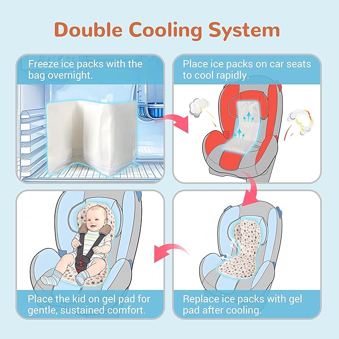Solfres Hydro Gel Car Seat Cooler Mat with Ice Pack for Baby. Carseat and Stroller Cooling Pad Liner with Breathable 3D Mesh Anti-Slip Back. for Kids Toddlers, Beige Bear