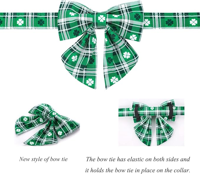 Lionet Paws St Patricks Day Dog Collar with Bowtie, Irish Green Shamrock Clover Sailor Bow Collar with Metal Buckle for Dogs, Adjustable Comfortable Dog Collar Girl, XL, Neck 16-26 in