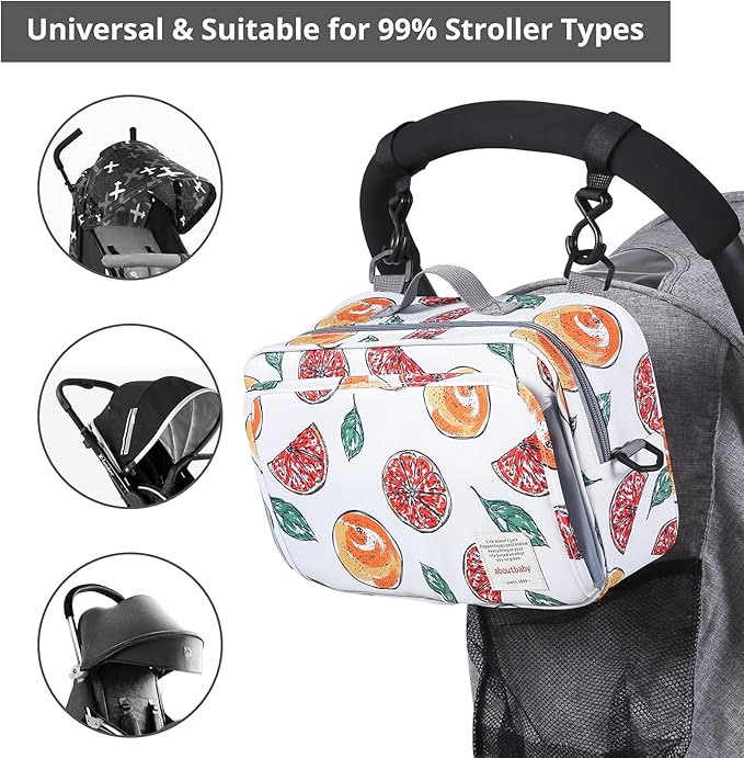 GOGOSO Non-Slip Stroller Organizer Bag for Diapers with Insulated Pocket, Stroller Hooks and Adjustable Strap,Universal Fit Most Strollers, Fruits