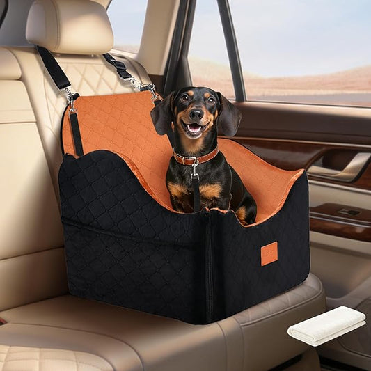 XEEP Dog Car Seat for Small/Medium Dogs Up to 35lbs, Dog Booster Seat with Memory Foam Cushion, Washable Pet Car Seat with Safety Belt & Pee Pad & Blanket, Fits in Front/Back Seat(Black/Brown)