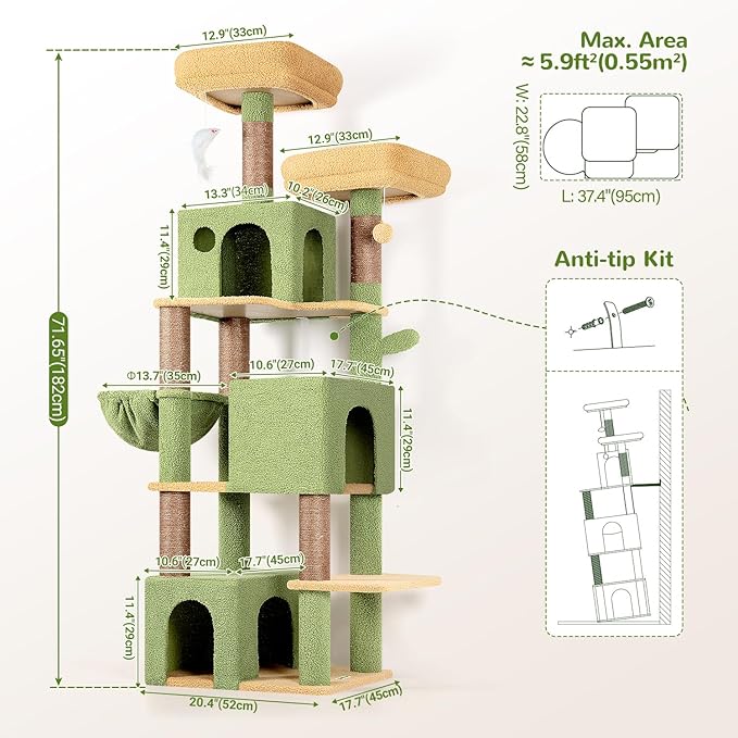 Globlazer Cactus Cat Tree Tall, 71 inches Cat Tower for Indoor Adult Cats Multi-Level 3 Condos for Indoor Cats XL Cat Tree Tower with Scratching Posts, Soft Extra Large Hanging Basket, F71, Green