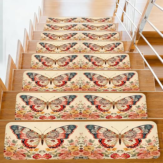 Animal Butterfly Flower Colorful Stair Treads for Wooden Steps Indoor Washable Staircase Carpet 10PCS 30"x7.8" Stair Step Treads Non-Slip Staircase Covers Peel Stick Safety Mat for Kids Elders Pets
