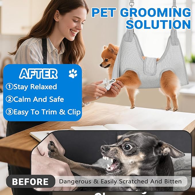 Supet Dog Grooming Hammock for Large Dogs, Dog Hanging Harness for Nail Trimming Doorframe, Pet Holder Restraint for Clipping Nails, Pet Hoist Sling for Cutting Nails at Home (Grey XL)