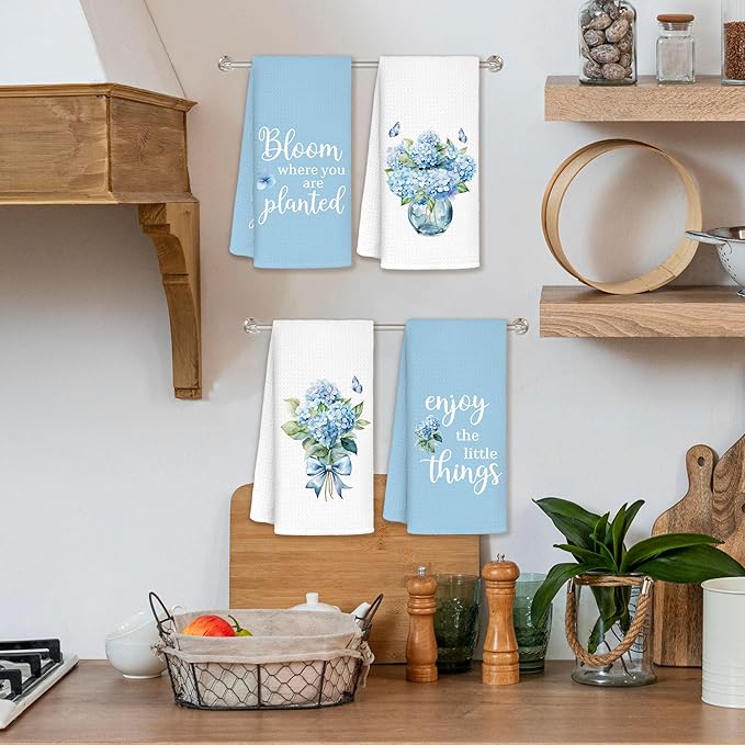 Hydrangea Kitchen Towels Set of 4 - Bloom Where You are Planted Blue Hydrangea Decorative Hand Towels for Bathroom Gifts, 16x24