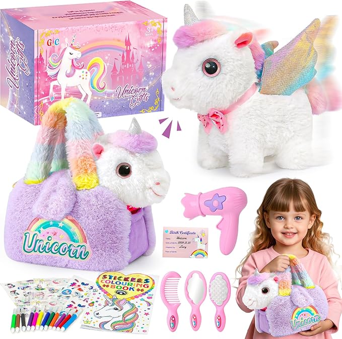 G.C Interactive Walking Unicorn Toys for Girls age 4-6, Electric Unicorn Plush with Bag & Coloring Book & Groom Accessories, Pretend Play Pet Care Kit Toddler Girl Christmas Birthday Gift 3 4 5 6 Year
