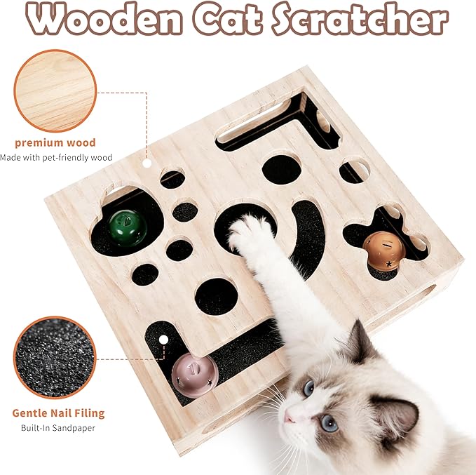 Large Solid Wood Cat Nail File Enrichment Box, Cat Scratch Puzzle Enrichment Box with Flip Lid Lock, Sandpaper Scratcher, 3 Bells & Cat Wand, Alternative to Clippers and Grinders