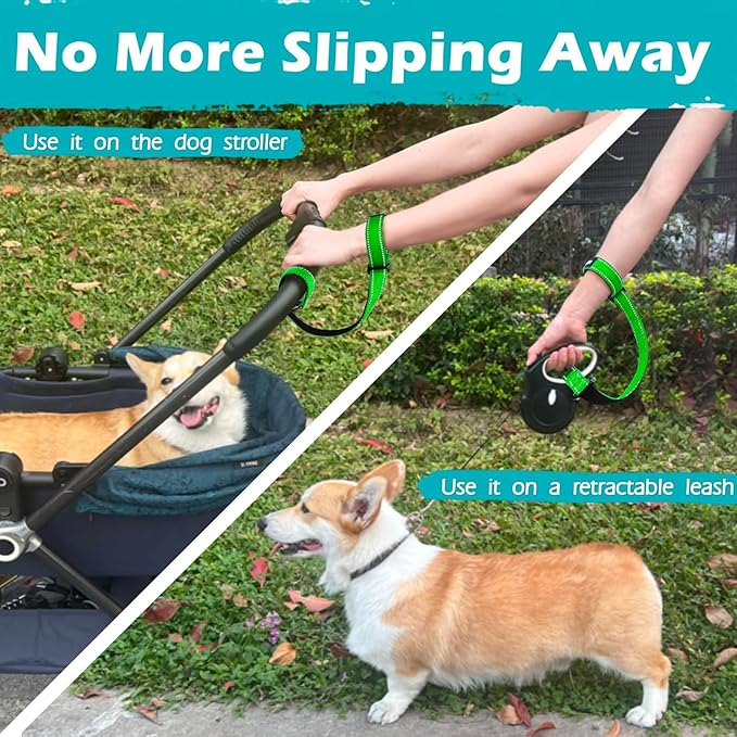 PetBonus Dog Leash Wrist Strap, Safety Strap for Retractable Leash, Lockable Reflective Short Dog Walking Lead with Adjustable Soft Padded Handle, Extra Layer Security for Pet Stroller (Grass Green)
