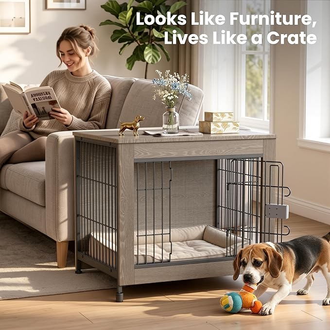 Wooden Dog Crate Furniture, 27in Dog Cage Furniture with Slide Safety Latch, Indoor Decorative End Table for High Anxiety Dogs, Furniture Style Dog Crate for Small to Medium Dogs, Greige