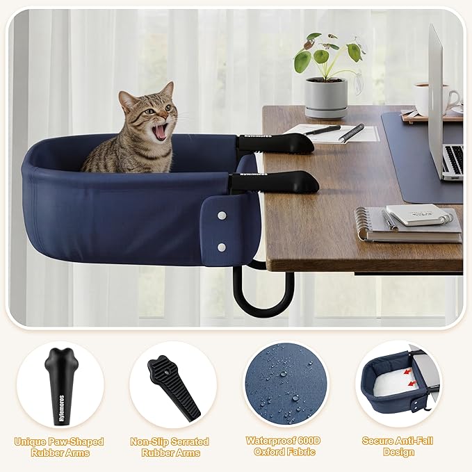 Cat Desk Bed for Large Cats 50 lbs Heavy Duty Cat Bed for Desk Attachment with Paw Design Extra-Sturdy Dog Chair Dual-Sided Mat Waterproof Easy Assembly for Gaming Desk Kitchen Island Blue