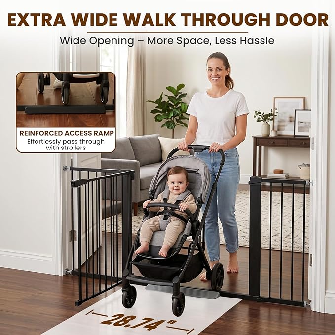 Mumeasy 36-63" Extra Wide Baby Gate for Stairs, 28.74" Walk Through Large Dog Gate for Doorways & Hallways, Auto Close Pet Gate Indoor, Pressure Mounted Child Wide Long Safety Gate for House, Black
