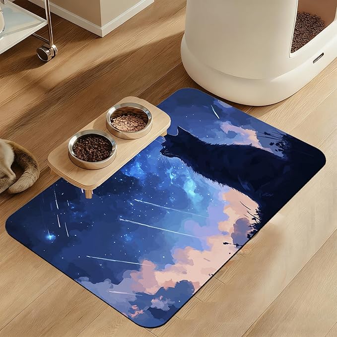 Starry Night Cat Dog Food Mat–Absorbent Quick Dry Feeding Placemat for Food and Water Bowls, Non Slip Rubber Backing, Waterproof Pet Supplies for Mess-Free Eating 16"x24"