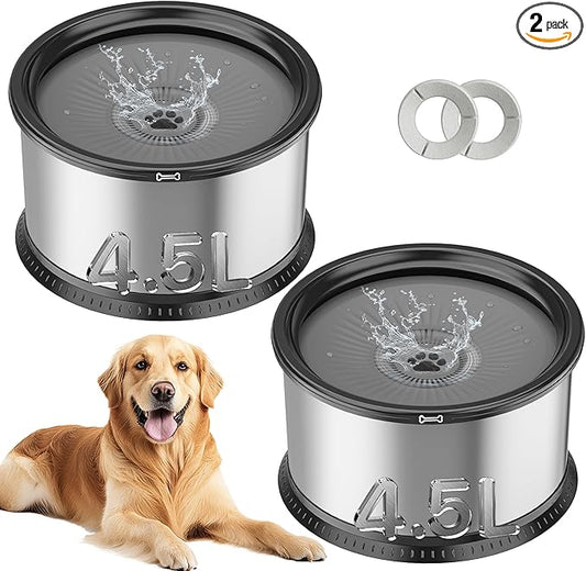 2PCS Dog Water Bowls for Multiple Pets, 4.5L/152oz No Spill Stainless Steel Slow Drinking Water Bowls with Anti-Slip Mat, Splash Proof Pet Bowl for Sloppy Messy Drinkers, Medium Large Dogs