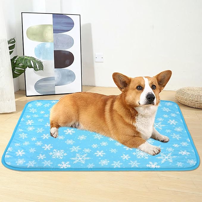 DELIFUR Cat Cooling Mat- Pet Cooling Mat Outdoor for Dogs Self Cooling Pad for Kitten Cat Puppy Machine Washable (Medium, Blue Snowflake)