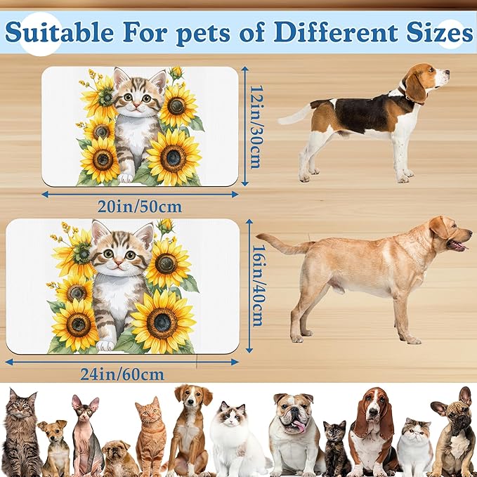 Cute Cat Sunflower Pet Feeding Mat for Floors–Absorbent Quick Dry Dog Cat Bowl Mat for Food and Water, Non Slip Waterproof Base, Mess-Free Feeding Accessories 12"x20"