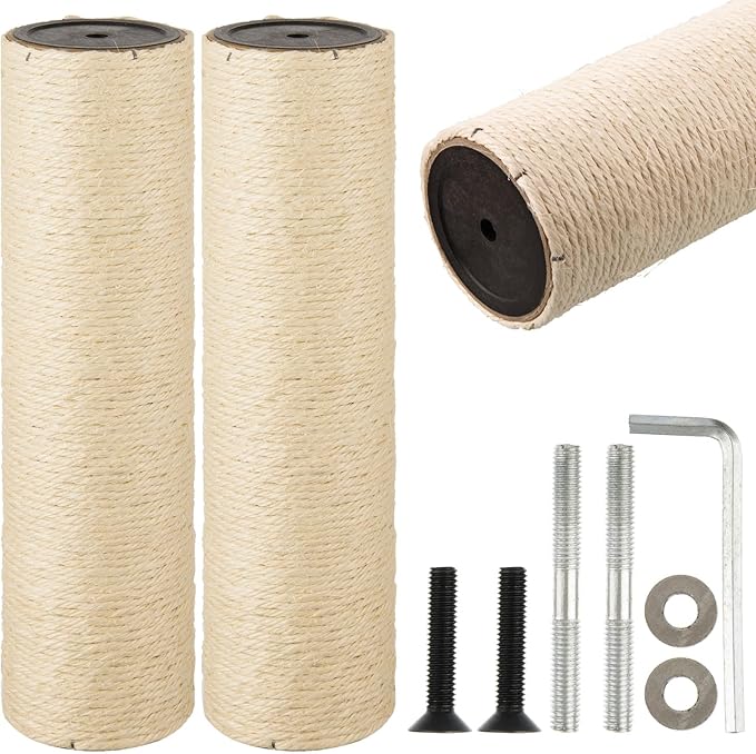 2 Root Cat Scratching Post Replacement 13.78x3.54 Cat Tree Scratch Post Replacement Natural Sisal Pole Cat Scratch Post Refill Pole Part with M8 Screws for Kitten Tree Tower Cat Furniture Accessories
