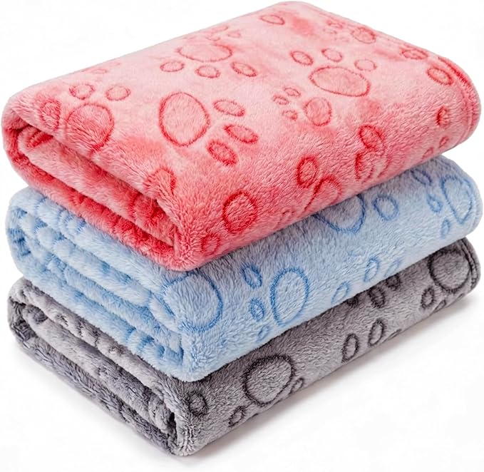 1 Pack 3 Blankets Super Soft Fluffy Premium Fleece Pet Blanket Flannel Paw Printed Throw for Dog Puppy Cat (Medium 30x20'', Blue, Red, Grey)