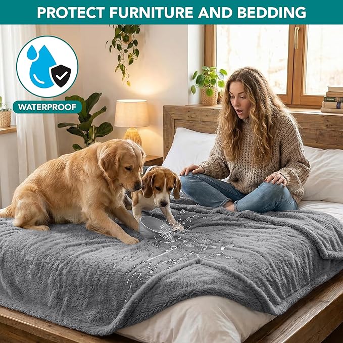 PetAmi Fluffy Waterproof Dog Blanket for Couch and Bed, Reversible Sherpa Pet Throw, Pee Proof Furniture Protector Sofa Cover, Washable Cat Blanket for Medium Large Dogs and Cats (Light Grey, 60x80)