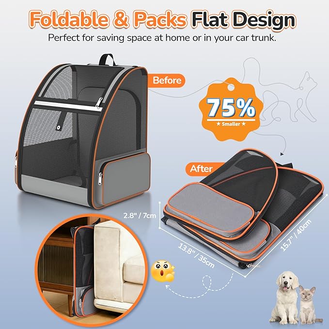 Cat Backpack Carrier Expandable for Outdoor - Foldable Cat Backpack with Breathable Mesh for Small Dog Puppy Kitten Up to 15 lbs - Soft Sided Pet Carrier for Travel Hiking Camping (Gray)