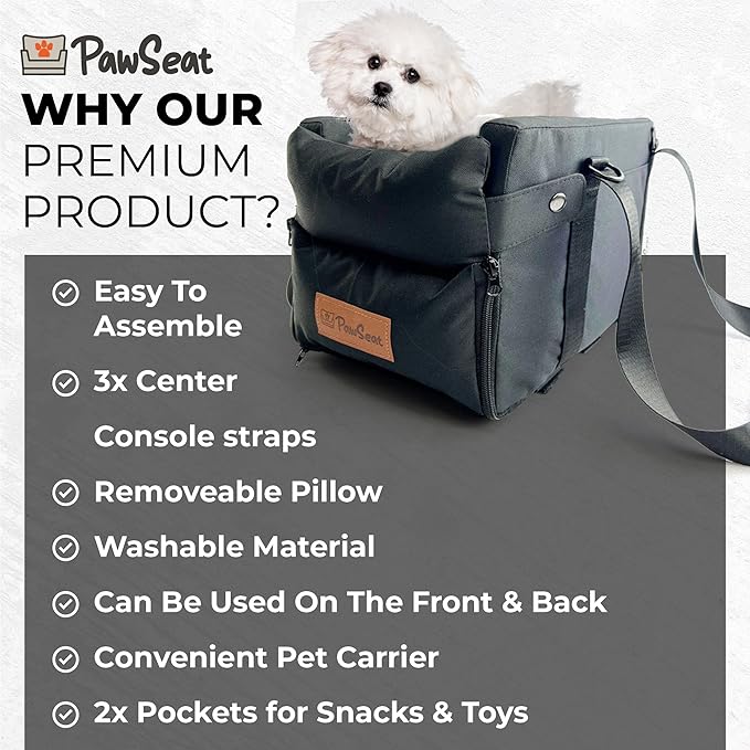 Center Console Dog Car Seat for Small Dogs and Puppies 5-13Lbs, Ideal Armrest Booster Car Travel Seat with Safety Protection Seat Belts, Storage Pockets - Reduces Anxiety (Black:)