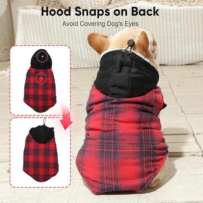 Vecomfy Fleece Lining Dog Hoodie for Medium Dogs Extra Warm Plaid Sweater with Drawstring Hooded Coats in Winter Doggie Jacket,Red XL