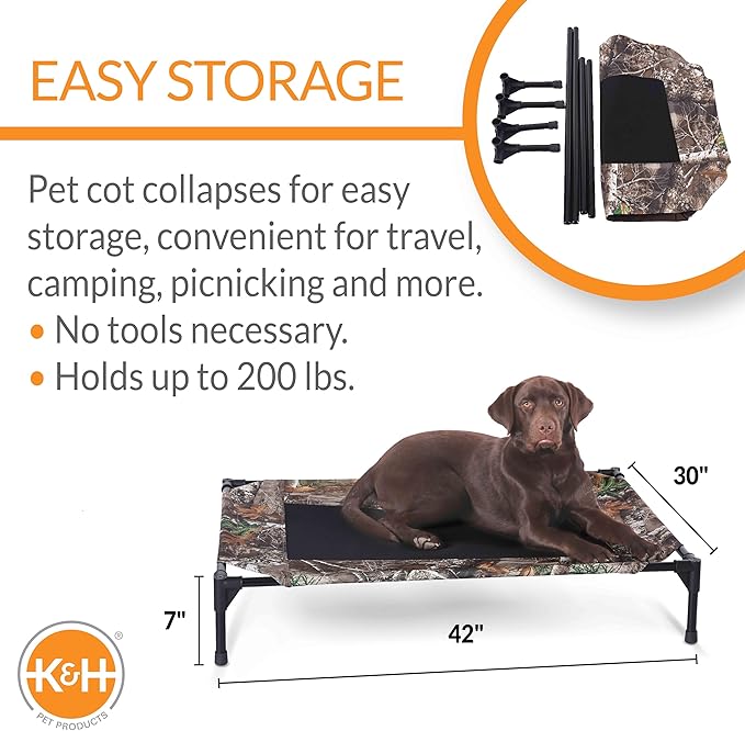 K&H Outdoor Elevated Dog Bed - Cooling Raised Dog Bed for Medium & Large Pets, Breathable Mesh Center Hammock Design, Indoor/Outdoor Washable Cover, Portable Metal Frame, Camo, Large 42x30in