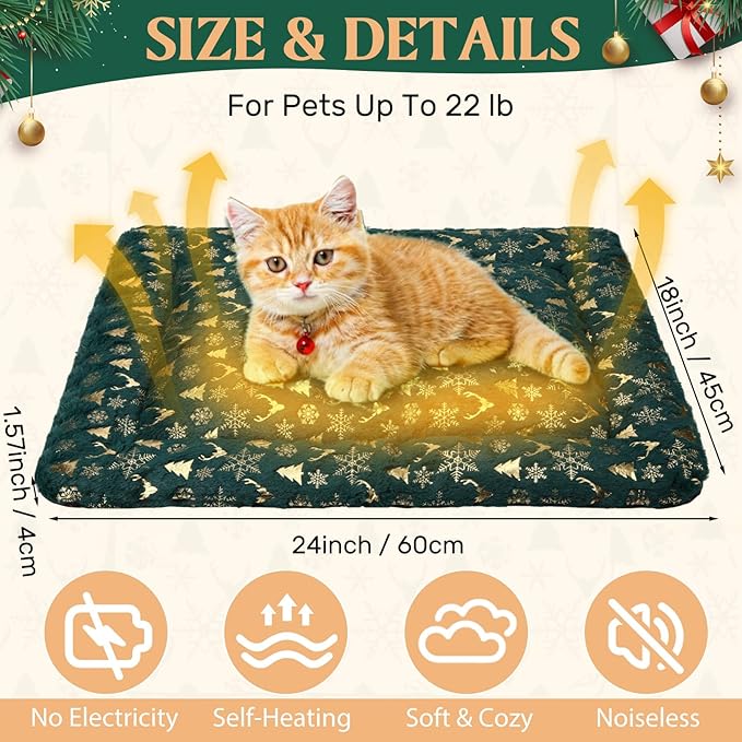 2 Pack Winter Self Warming Cat Mat Machine Washable Winter Reflects Body Heat Warm Thermal Pet Pad with Non Slip Bottom 18 x 24 Inch Green Snowflake Bed for Indoor Kitten Dog Crate