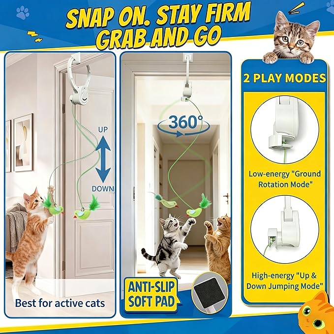 Interactive Cat Toy for Indoor Cats, 2-Mode Automatic Door Hanging Cat Toy with Flying Bird & Mouse, USB Rechargeable Quiet Electric Cat Toy for Bored Cats, Kittens & Multi-Cat Homes