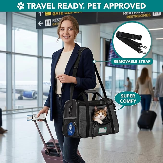 PetAmi Airline Approved Pet Carrier for Cats & Small Dogs, Soft Sided TSA Travel Carrier Bag with Sherpa Bed, Breathable Mesh Ventilation, Collapsible Bowl, Up to 18 lbs, Large Heather Dark Gray