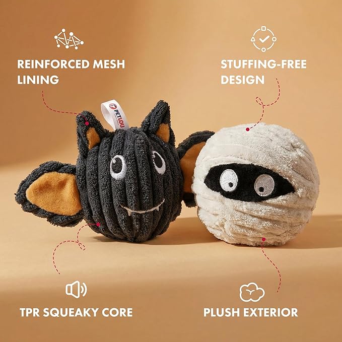 PetLou Bat & Mummy Head Squeaky Ball Dog Toy, Twin Pack (4"), Halloween Dog Toys, Durable & Stuffing-Free Pet Supplies for Small & Medium Dogs
