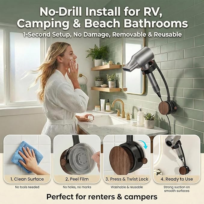 CTESNE【360° Rotating&No Drill Installation】Hands Free Hair Dryer Holder Wall Mount,Adjustable Height Suction Cup Blow Dryer Holder, Damage-Free Wall, with Cord Storage for Most Hair Dryers