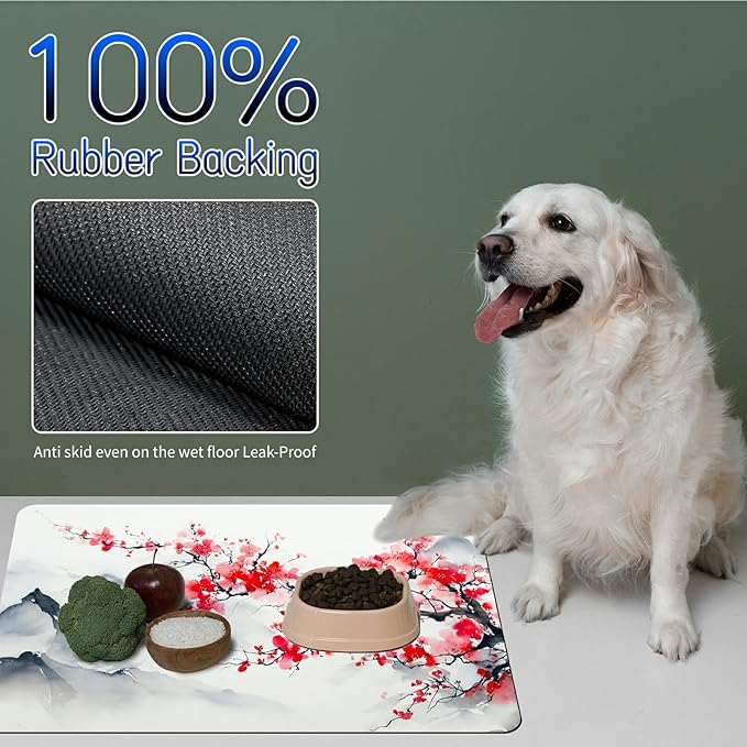 Dog Food Mat, 15.7" x 23.6" Absorbent Pet Feeding Mat for Food and Water, Waterproof Diatom Mud Pet Placemat with Non-Slip Rubber Backing, Cat Bowl Mat for Floors - Pink Flower Mountain Range
