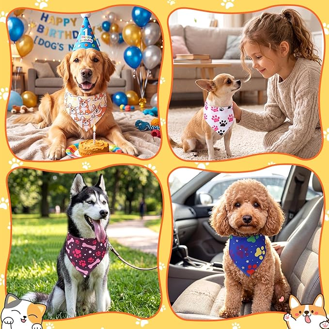 Sanwuta 72 Pcs Paw Dog Bandana Bulk Washable Puppy Triangle Scarfs Cat Bandanas Adjustable Soft Cute Pet Triangle Bibs Accessories for Small Medium Dogs Cats Pets Costume