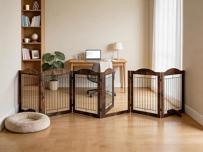 Vantas Folding No-Assembly Dog Door Pet Gate 144" Wide, 30" Tall Wooden Dog Gate with Door Walk Through, Freestanding Wire Pet Gate, Pet Puppy Safety Fence, with 2PCS Support - Rustic Brown