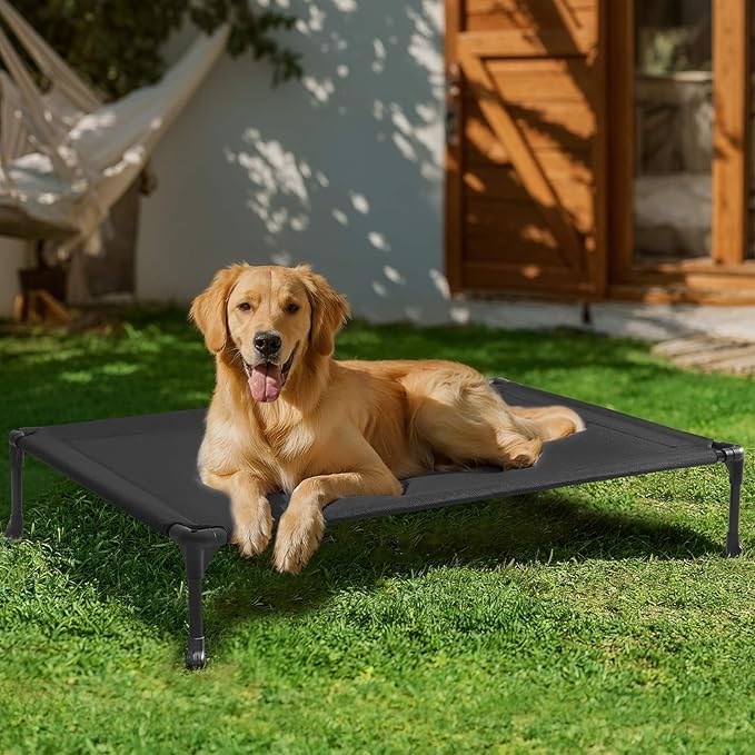 Veehoo Outdoor Elevated Dog Bed Large Sized Dogs, Extra Large Cooling Raised Dog Cots Beds Training Platform Off Ground Hammock with Breathable Mesh, No-Slip Feet, 45"x33", Black