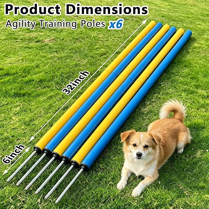 Dog Agility Weave Poles Set, 6-Piece Durable Slalom Weave Poles with Ground Stakes, Portable Obstacle Course Equipment for Puppies & Adult Dogs, Backyard Agility Training