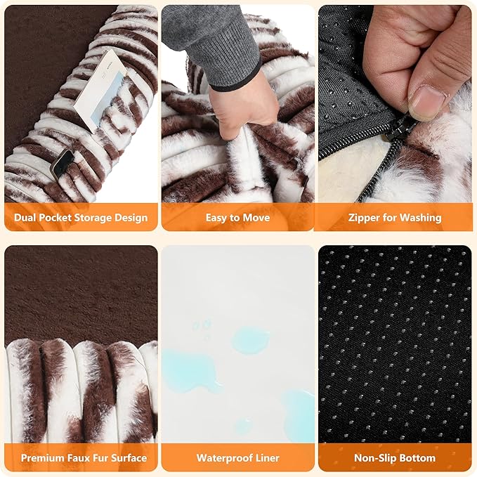 Human Dog Bed for Adult, Reversible Orthopedic Gel Memory Foam Cushion, Washable Corduroy Fleece, Plump Edge with Blanket, Storage Pocket, Strap, 71"x47.2"x9", Extra Large, Tie-dye Brown