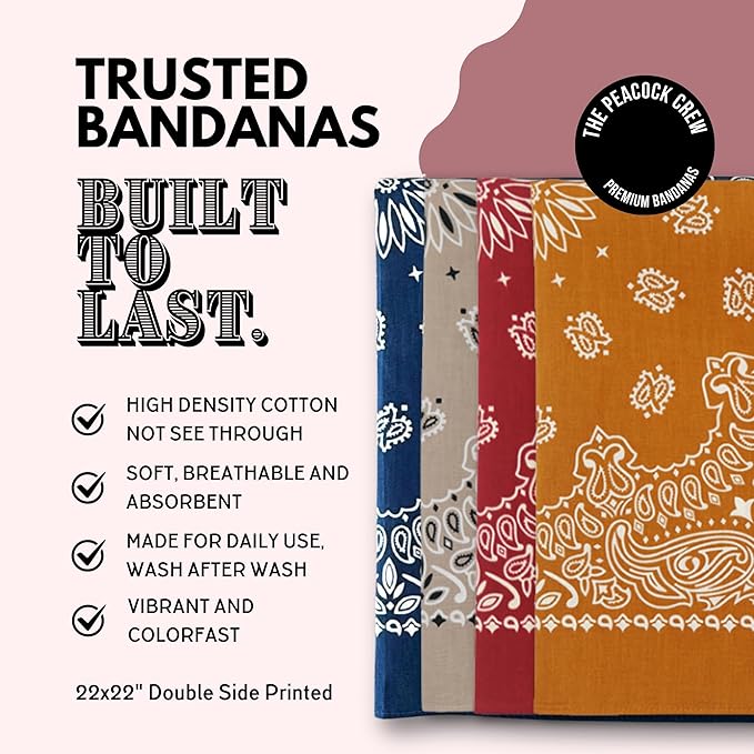 The Peacock Crew Premium Soft Cotton Bandanas Pack for Men and Women Paisley 22 x 22 inches