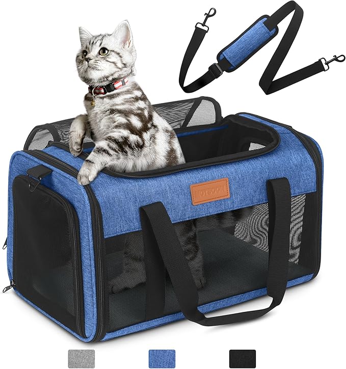 PETUX Airline Approved Pet Carrier - 17x11x9.5 in, Underseat, Top & Side Entry, Soft Sided Cat Carrier for Small Cat Up to 12 lbs with Breathable Anti-Scratch Mesh for Travel & Vet - Blue