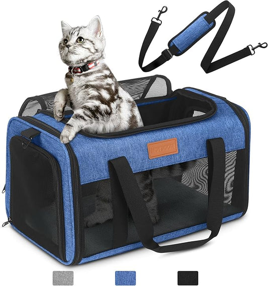 PETUX Airline Approved Pet Carrier - 17x11x9.5 in, Underseat, Top & Side Entry, Soft Sided Cat Carrier for Small Cat Up to 12 lbs with Breathable Anti-Scratch Mesh for Travel & Vet - Blue