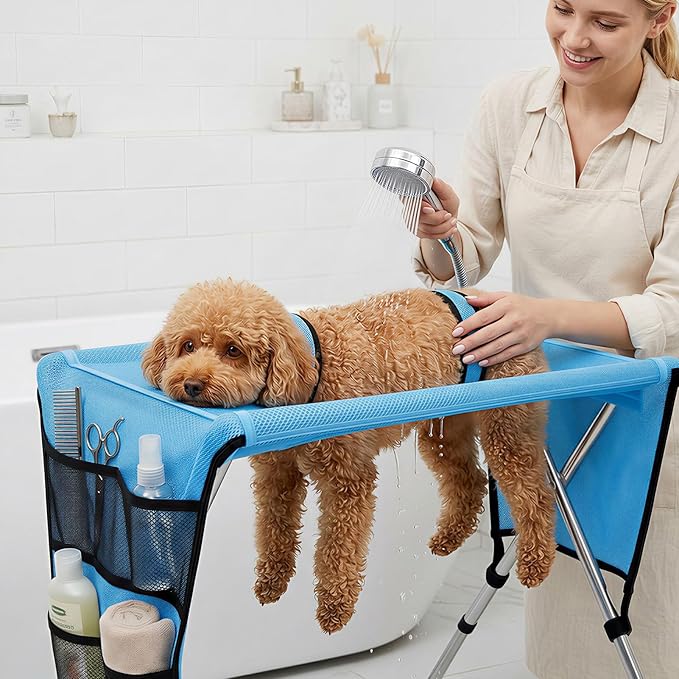 Pet Grooming Hammock for Small Dogs & Cats, Stainless Steel Bracket, 30-Pound Weight Capacity, Foldable Dog & Cat Grooming Table for Nail Trimming, Bathing & Care