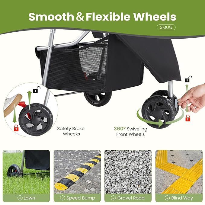 NEWBULIG 3 Wheel Pet Stroller for Dogs and Cats, Foldable, Lightweight and Durable for Small to Medium Pets, Includes Storage Basket and Cup Holders