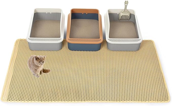 Cat Litter Box Mat Extra Large, XXL 47x36 inch Litter Trapping Mat, Double Layer Honeycomb Non-Slip Waterproof for All Size Litter Boxes & Multi Cats(Khaki)