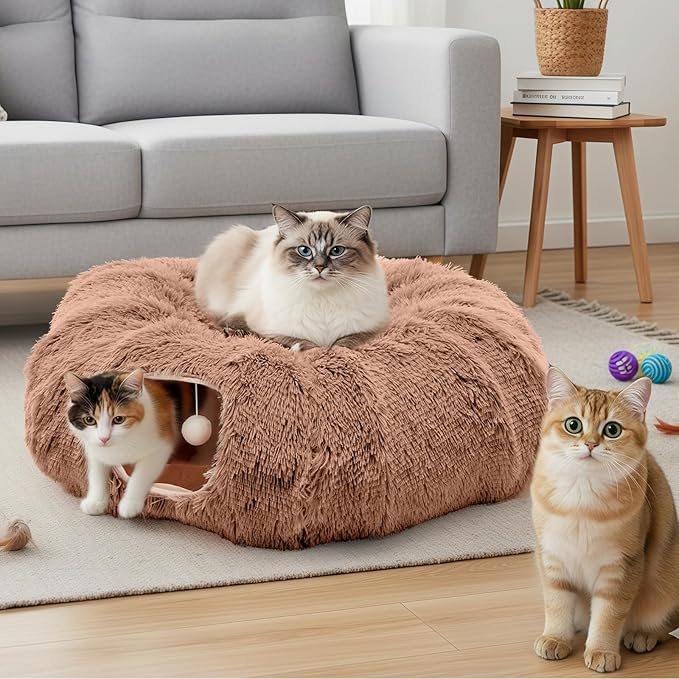 DUMOS Cat Tunnel Bed for Indoor Cats Cave Donut Play Tunnel with Soft Plush Peekaboo, Circle Cushion, Washable Multifunctional Playground Under Tree Pet Toys for Kittens, Puppy Rabbit, Ferret, Brown